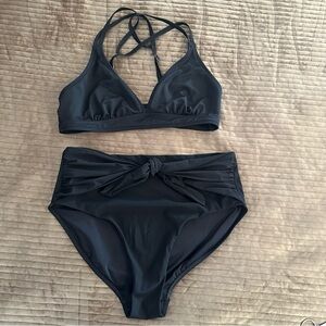 Athleta Black Back Strap Bikini Top and Shirred Tie High Rise Bottom